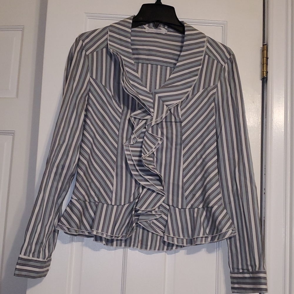 Le Lis Blanc Striped Ruffle Blouse L White,  Gray, Blue And Olive Gree